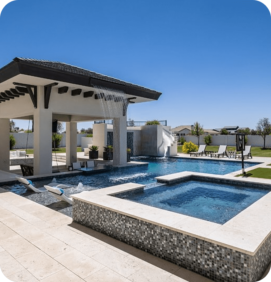 Modern hardscape with integrated spa and water features