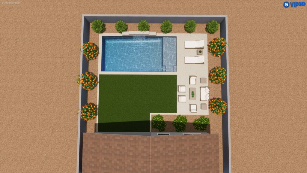 3D starter pool layout with patio and lawn design