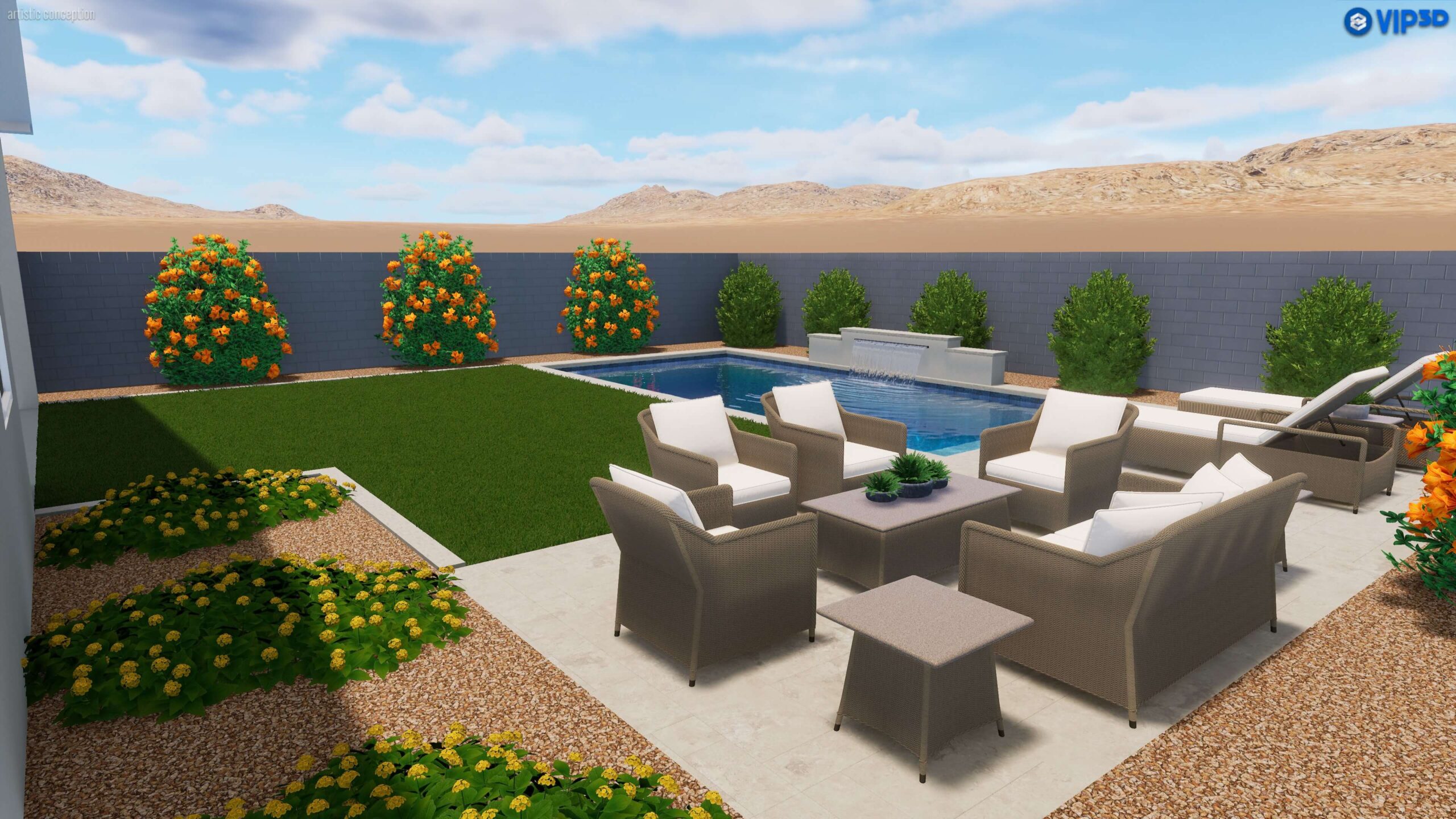Starter backyard pool with patio seating