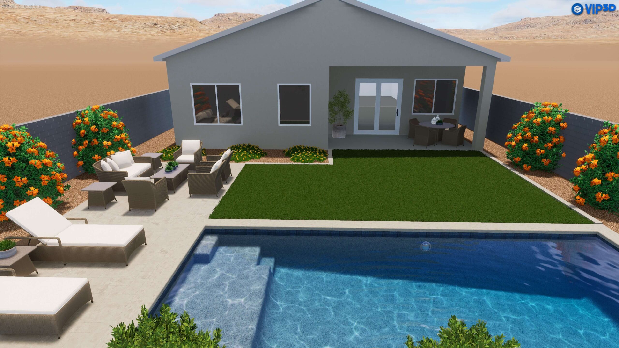 Starter pool with backyard patio seating